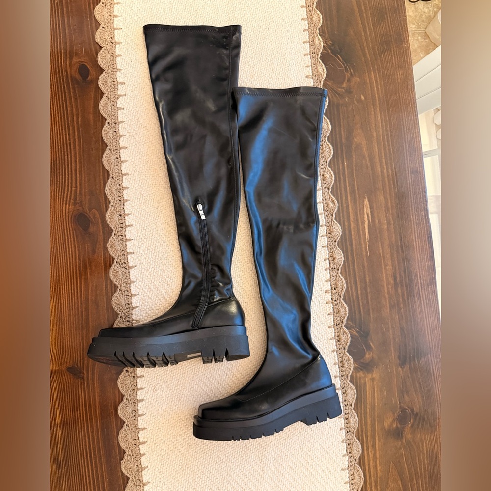 PrettyLittleThings Black Faux Leather Square Toe Thigh High Boots Sz 9